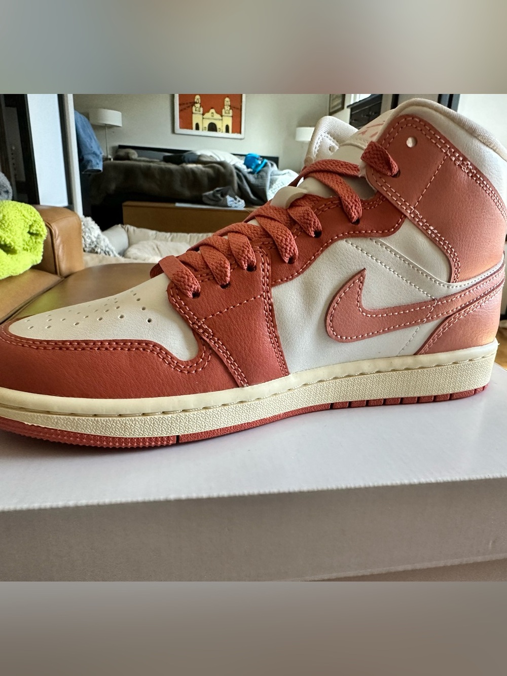 Women’s Air Jordan 1 Mid, brand new in box, Sail/light madder root color.
